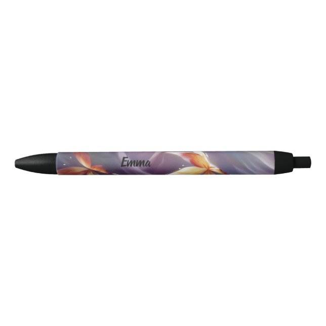 Pretty Watercolor Butterflies Custom Script Name Black Ink Pen (Front)