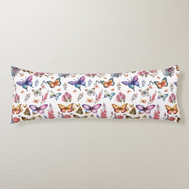 Pretty Watercolor Butterfly Floral Garden Pattern Body Cushion (Front)
