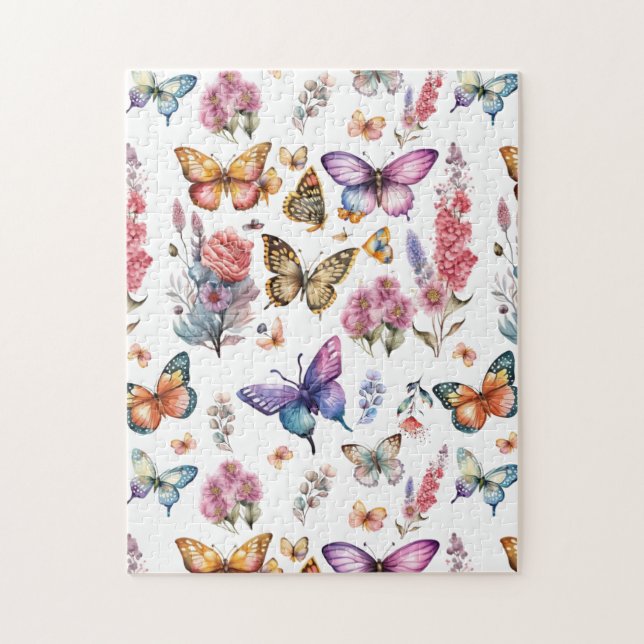 Pretty Watercolor Butterfly Floral Garden Pattern Jigsaw Puzzle (Vertical)