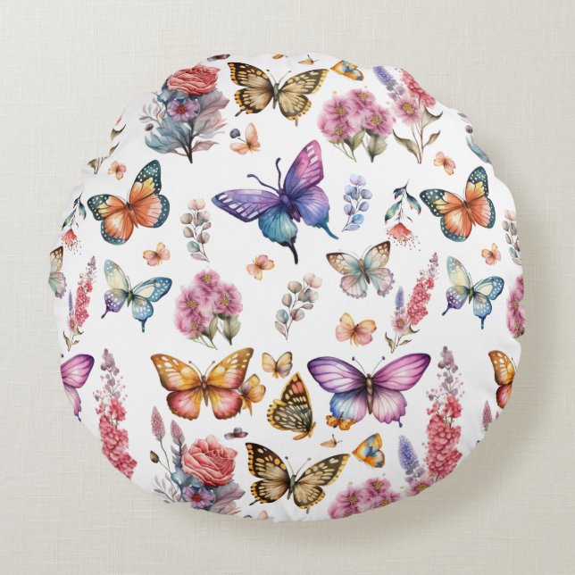 Pretty Watercolor Butterfly Floral Garden Pattern Round Cushion (Front)