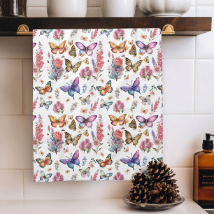 Pretty Watercolor Butterfly Floral Garden Pattern Tea Towel