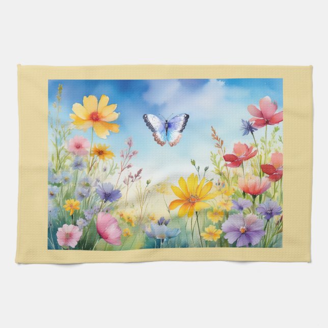 Pretty Watercolor Butterfly in Butterfly Garden Tea Towel (Horizontal)