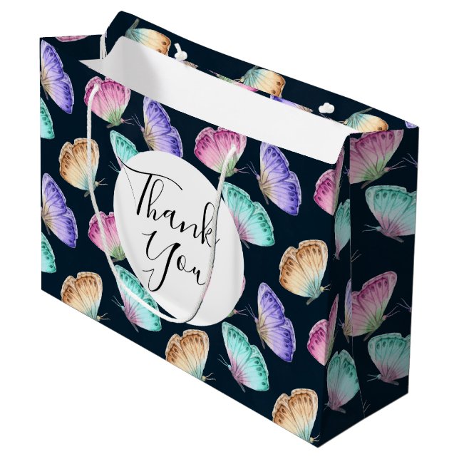 Pretty Watercolor Butterfly Pattern Thank You Large Gift Bag (Front Angled)