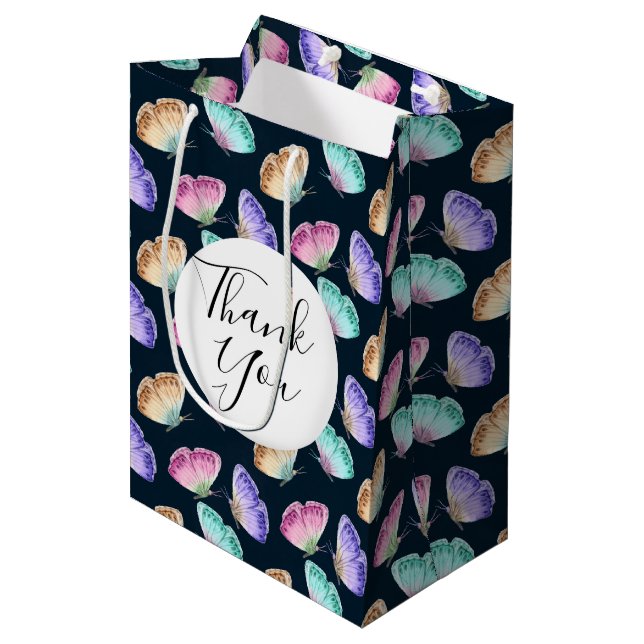 Pretty Watercolor Butterfly Pattern Thank You Medium Gift Bag (Front Angled)