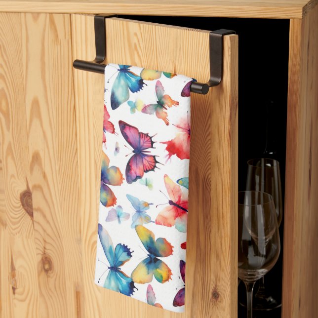 Pretty Watercolor Butterfly Rainbow Pattern Tea Towel (Thirds Fold)