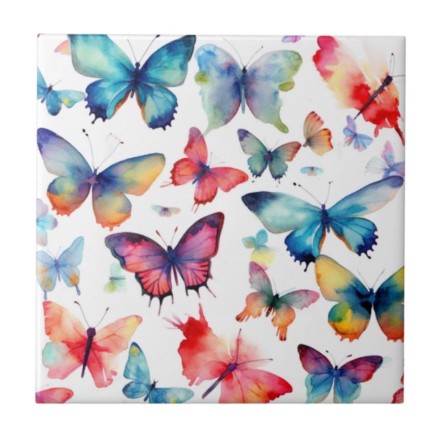 Pretty Watercolor Butterfly Rainbow Pattern Tile (Front)