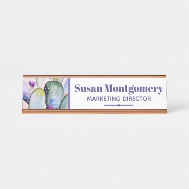 Pretty Watercolor Cactus & Blossoms | Personalised Desk Name Plate (Front)