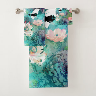Pretty watercolor cactus floral and stripes design bath towel set
