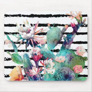Pretty watercolor cactus floral and stripes design mouse mat