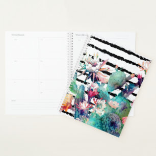 Pretty watercolor cactus floral and stripes design planner