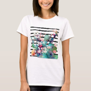 Pretty watercolor cactus floral and stripes design T-Shirt