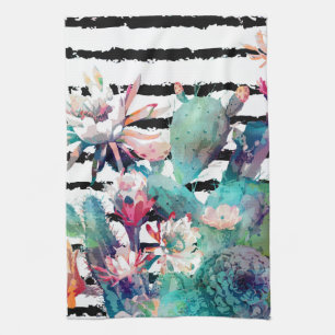 Pretty watercolor cactus floral and stripes design tea towel