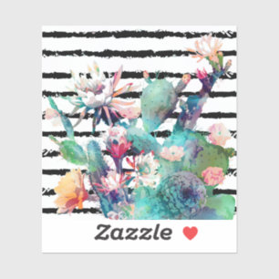 Pretty Watercolor Cactus Floral Black Stripes