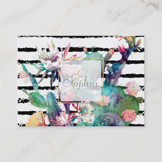 Pretty Watercolor Cactus Floral Black Stripes Business Card (Front)