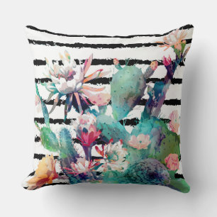 Pretty Watercolor Cactus Floral Black Stripes Cushion