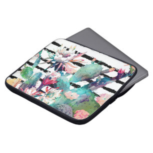 Pretty Watercolor Cactus Floral Black Stripes Laptop Sleeve
