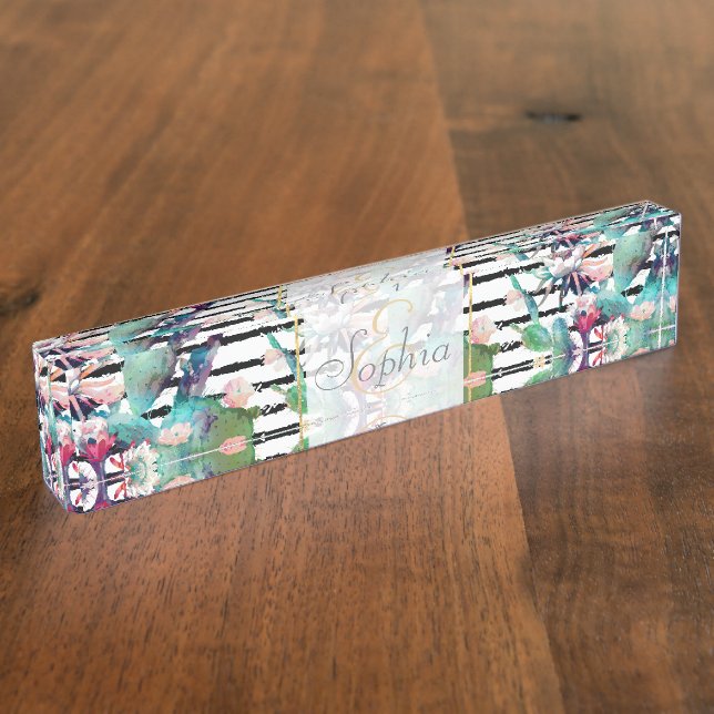 Pretty Watercolor Cactus Floral Black Stripes Nameplate (Side)