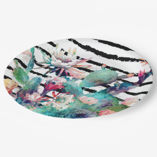 Pretty Watercolor Cactus Floral Black Stripes Paper Plate
