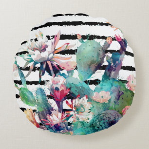 Pretty Watercolor Cactus Floral Black Stripes Round Cushion