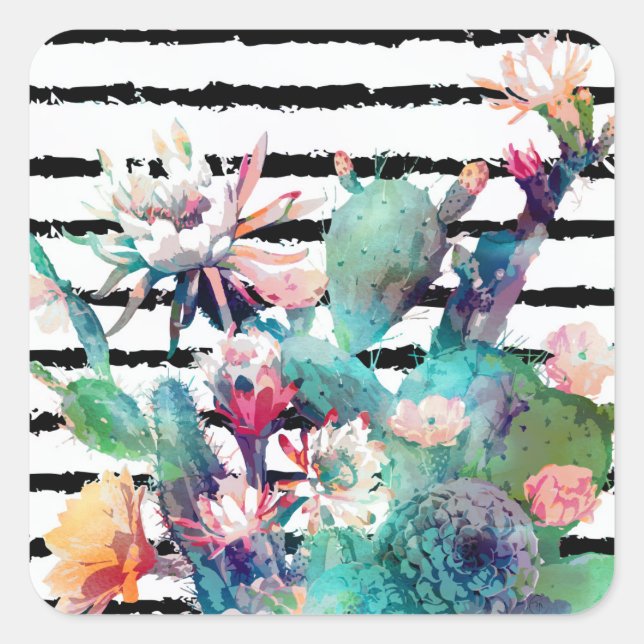 Pretty Watercolor Cactus Floral Black Stripes Square Sticker (Front)
