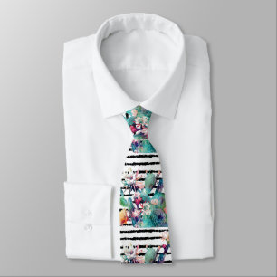 Pretty Watercolor Cactus Floral Black Stripes Tie