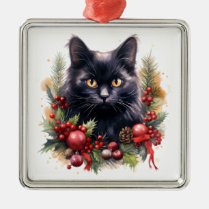 PRETTY WATERCOLOR CHRISTMAS BLACK CAT METAL TREE DECORATION