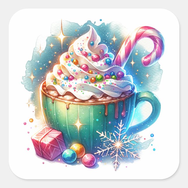Pretty Watercolor Christmas Cup of Hot Cocoa Square Sticker (Front)