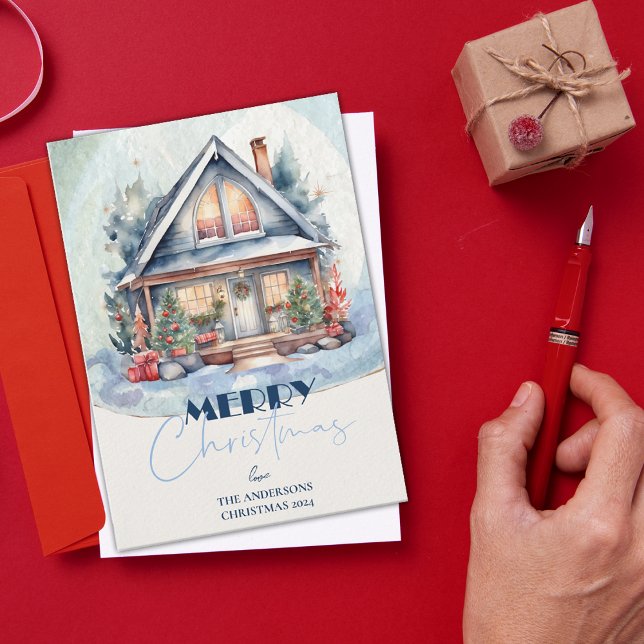 Pretty Watercolor Christmas House Festive Holiday Card (Elegant Minimalist Multi Photo Merry Christmas Holiday Card)