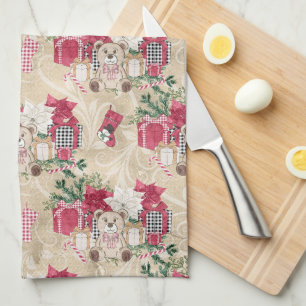 PRETTY WATERCOLOR CHRISTMAS PRESENTS & TEDDY BEARS TEA TOWEL