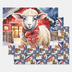 Pretty Watercolor Christmas Sheep and Rustic Barn Wrapping Paper Sheet