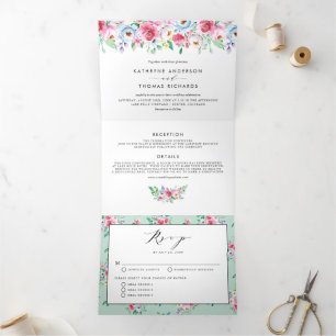 Pretty Watercolor Colourful Spring Flowers Wedding Tri-Fold Invitation