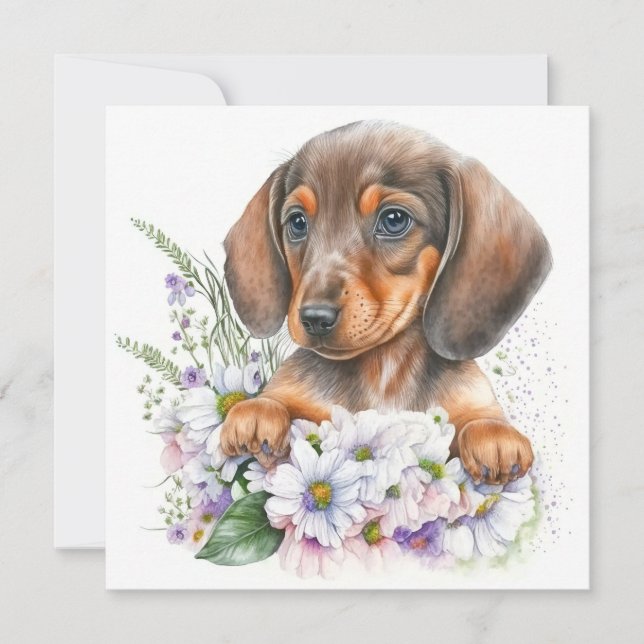 Pretty Watercolor Dachshund Puppy Floral (Front)