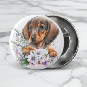 Pretty Watercolor Dachshund Puppy Floral  3 Cm Round Badge