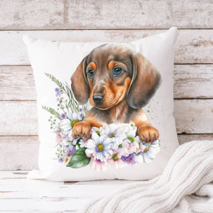 Pretty Watercolor Dachshund Puppy Floral Cushion
