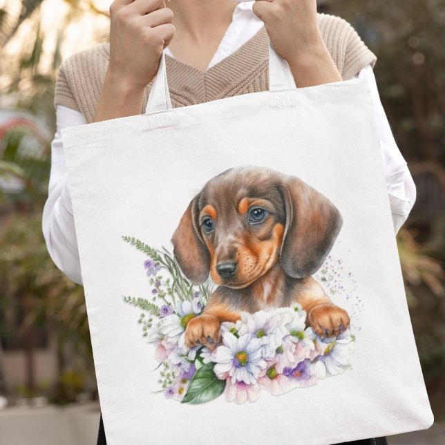 Pretty Watercolor Dachshund Puppy Floral  Tote Bag (Adorable!
)