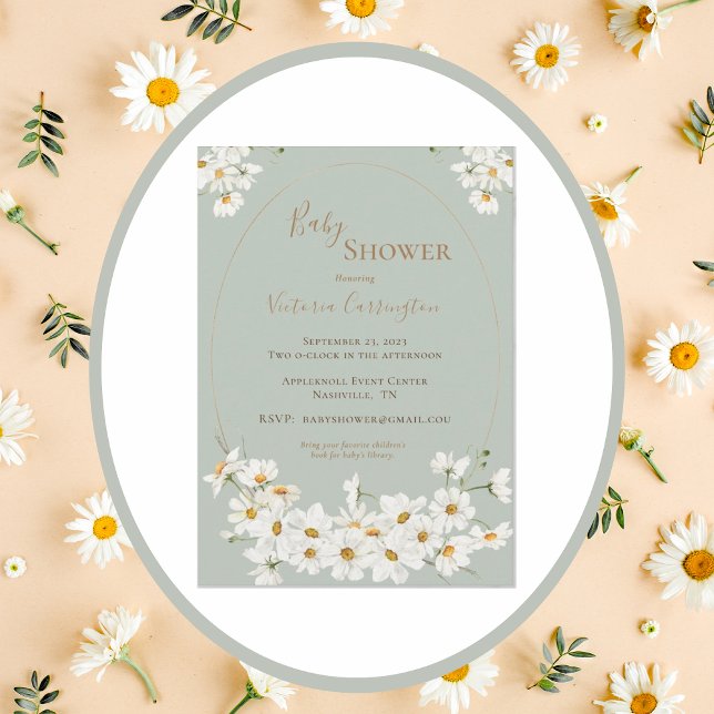 Pretty Watercolor Daisies Frame Sage Baby Shower  Invitation (Creator Uploaded)