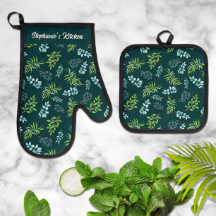 Pretty Watercolor Dark Floral Personalized Oven Mitt & Pot Holder Set