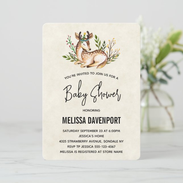 Pretty Watercolor Deer Laying Down Baby Shower Invitation (Standing Front)