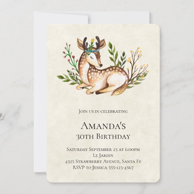 Pretty Watercolor Deer Laying Down Birthday Invitation (Front)