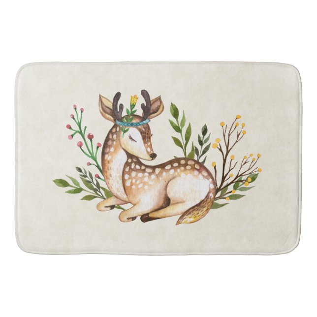 Pretty Watercolor Deer Laying Down Boho Bath Mat (Front)