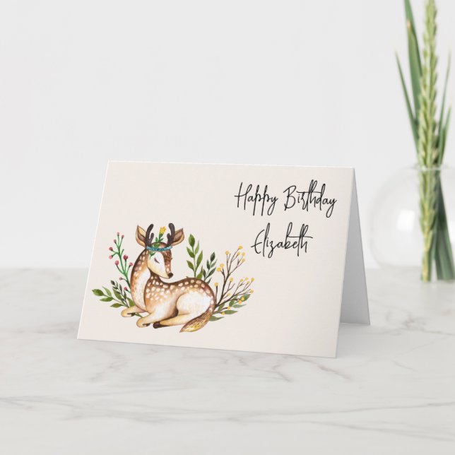 Pretty Watercolor Deer Laying Down Boho Birthday Card (Front)