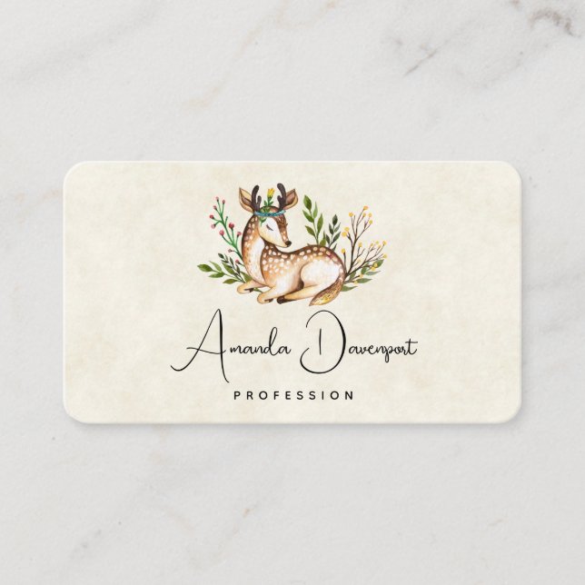 Pretty Watercolor Deer Laying Down Boho Business Card (Front)