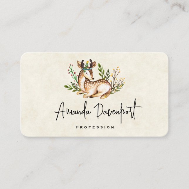 Pretty Watercolor Deer Laying Down Boho Business Card (Front)