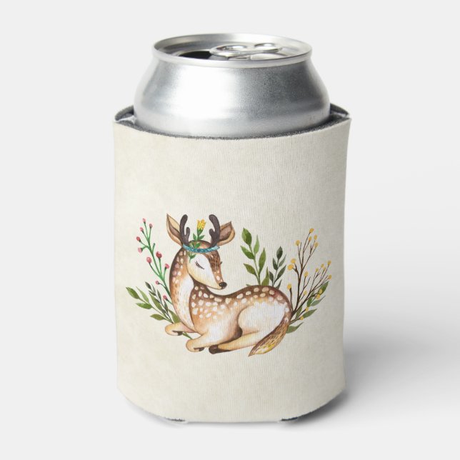 Pretty Watercolor Deer Laying Down Boho Can Cooler (Can Front)