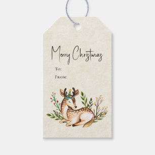 Pretty Watercolor Deer Laying Down Boho Christmas Gift Tags