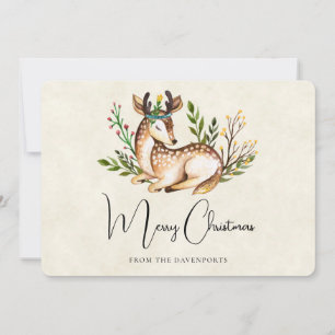 Pretty Watercolor Deer Laying Down Boho Christmas Holiday Card