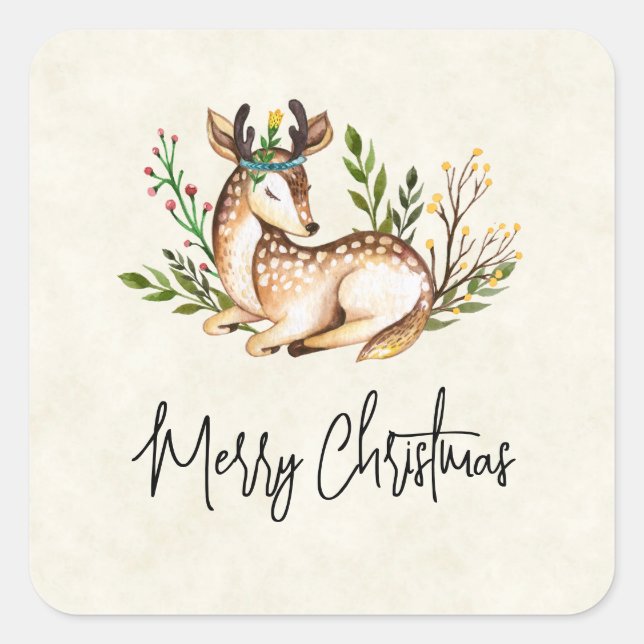 Pretty Watercolor Deer Laying Down Boho Christmas Square Sticker (Front)
