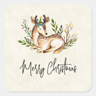 Pretty Watercolor Deer Laying Down Boho Christmas Square Sticker