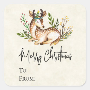 Pretty Watercolor Deer Laying Down Boho Christmas Square Sticker
