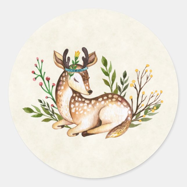 Pretty Watercolor Deer Laying Down Boho Classic Round Sticker (Front)